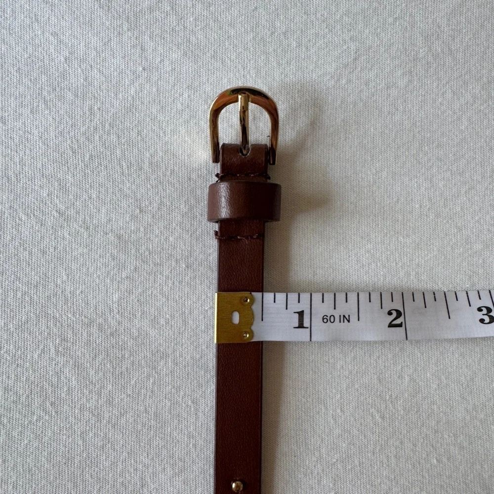 Brown Faux Leather Skinny Studded Belt Gold Horseshoe Buckle Slim Waist Belt